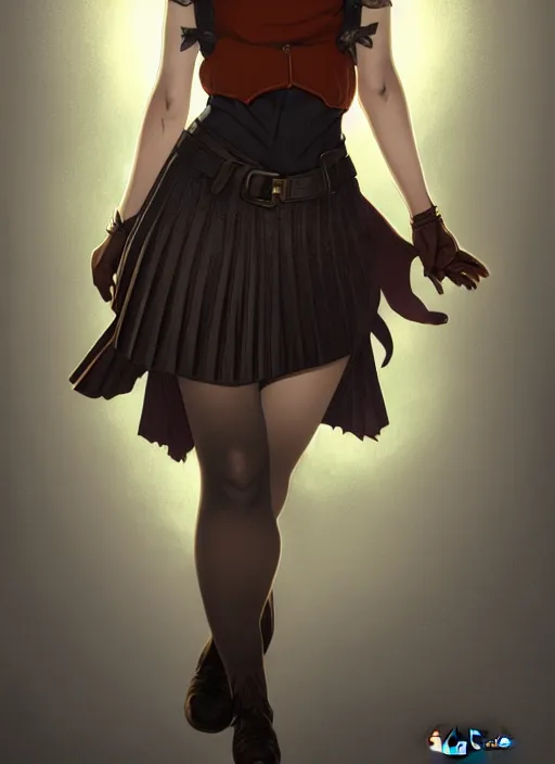 Image similar to portrait of a full body of beautiful young female detective, d & d, sleeveless turtleneck, pleated skirt, fantasy, flat lighting, intricate, highly detailed, digital painting, artstation, concept art, smooth, sharp focus, illustration, misa amane, art by simon bisley and greg rutkowski and alphonse mucha, natural tpose