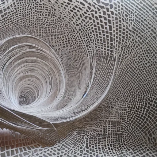 Image similar to a hyper real ultra detailed intricate concept art of interlaced ribbons of light spiralling up into the sky, made out of paper, paper craft, handmade