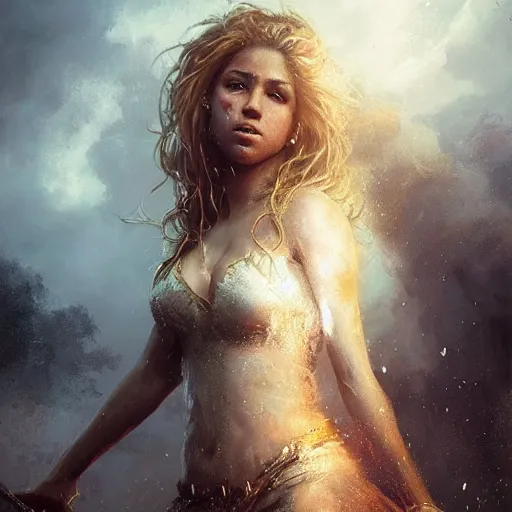 Image similar to portrait of Shakira, amazing splashscreen artwork, splash art, head slightly tilted, natural light, elegant, intricate, fantasy, atmospheric lighting, cinematic, matte painting, by Greg rutkowski