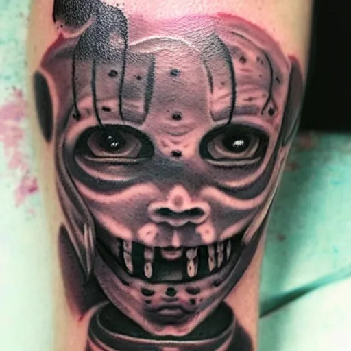 Image similar to tattoo of a creepy child, dark, scary, horror, high detail