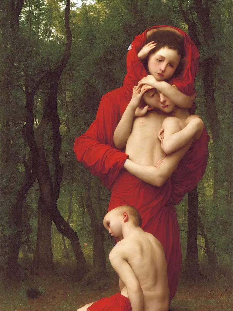 Image similar to perfect young male red demon wearing collar ruff is sitting in the forest crying, by bouguereau and by andrey remnev