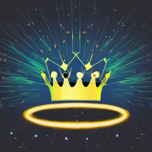 Prompt: a glowing crown sitting on a table with one large beautiful eye on top of it like a jewel, stars on top of the crown, night time, vast cosmos, geometric light rays exploding outwards into stars, sharp bold black lines, flat colors, minimal psychedelic digital concept art illustration