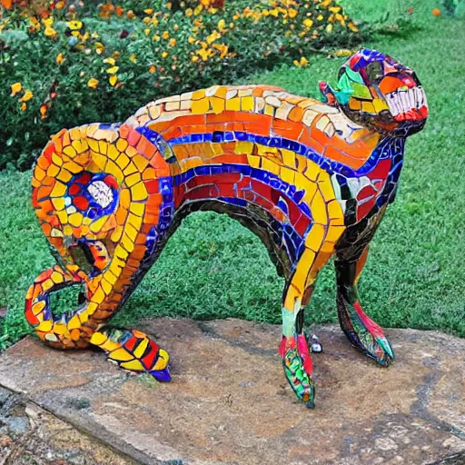 Prompt: mosaic sculpture of a alebrije chimera, irregularly shaped mosaic tiles, hand glazed pottery shards, in the style of folk art, in a cottagecore flower garden