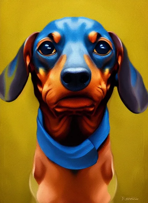 Prompt: a painting of a dachshund face with blue and yellow smoke coming out of, a digital painting by petros afshar, behance contest winner, digital art, behance hd, digital illustration, digital painting