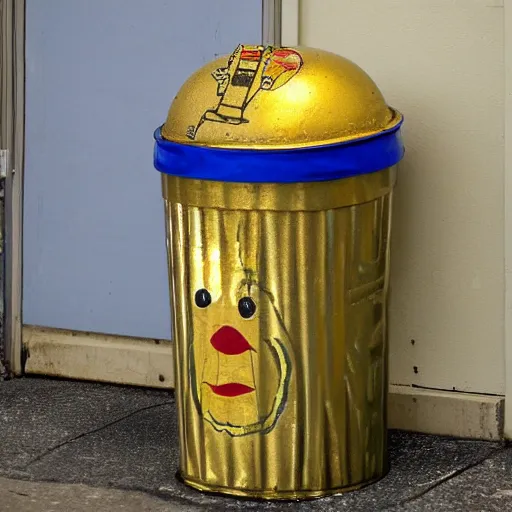 Prompt: oscar the grouch in an old garbage can gets given a gold plated garbage can, fresco painting