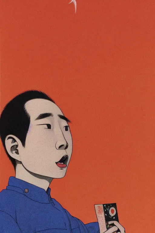 Image similar to a scifi closeup portrait of a young japanese man licking a blotter paper of LSD acid on his tongue and dreaming psychedelic hallucinations in cosmos, by kawase hasui, moebius, Edward Hopper and James Gilleard, Zdzislaw Beksinski, Steven Outram colorful flat surreal design, hd, 8k, artstation