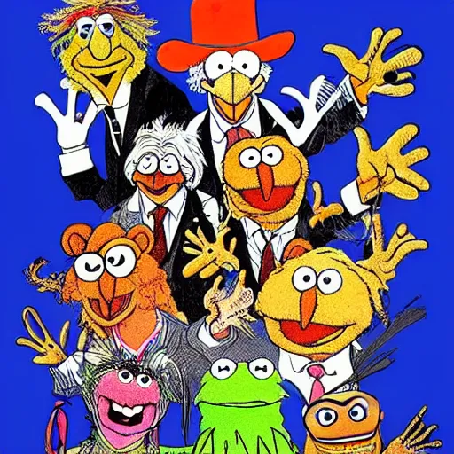 Image similar to the muppets drawn by ralph steadman fear and loathing in las vegas style