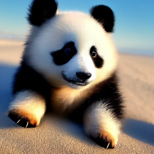 Image similar to a closeup photorealistic photograph of a panda themed Pomeranian puppy at the beach during sunset This 4K HD image is Trending on Artstation, featured on Behance, well-rendered, extra crisp, features intricate detail and the style of Unreal Engine.