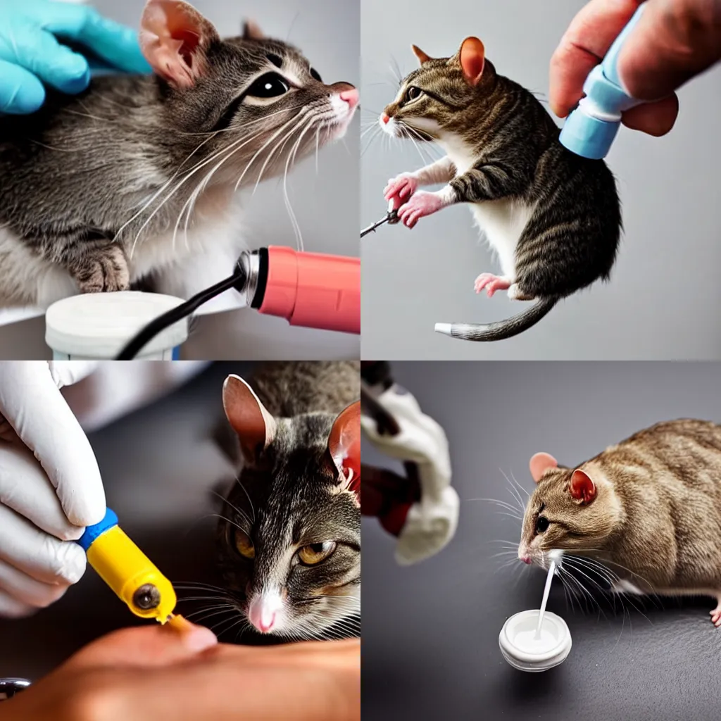 Prompt: a rat inside a syringe being injected into the side of a cat without hurting the cat