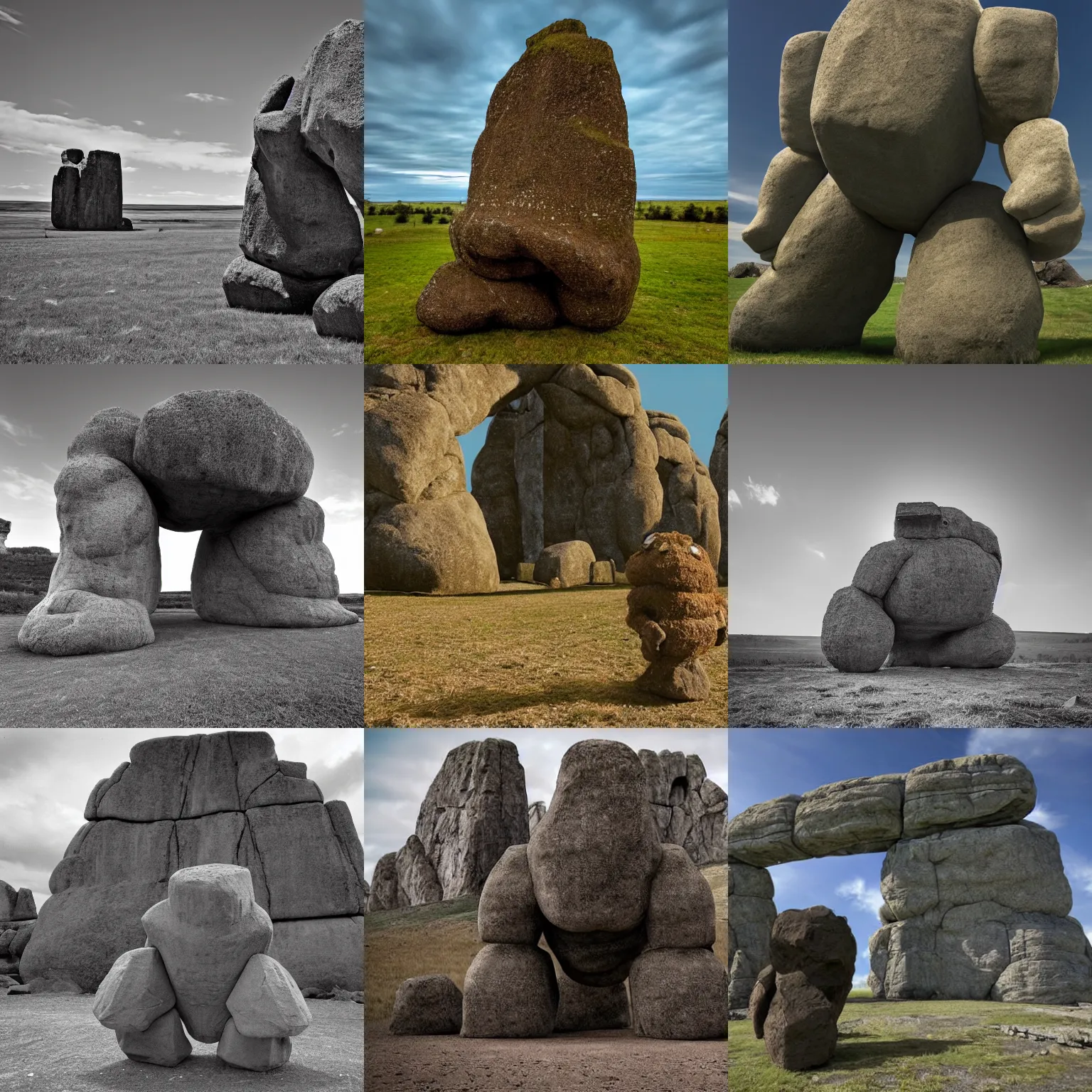 Prompt: wide angle view of a rock golem giant whose thin narrow body looks like reconfigured standing stone and stone arch elements from stonehenge. it stomps on the ground with an angry expression on its face, causing dirt to fly and shaking the camera