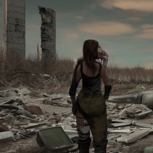 Image similar to postapocalyptic woman staring at a destroyed wasteland