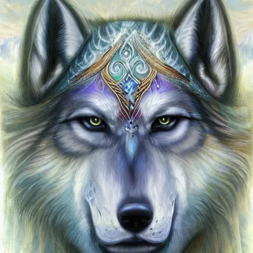 Image similar to enlightened pack of spirit wolves MICHAEL DIVINE and by AMANDA SAGE , trending on artstation