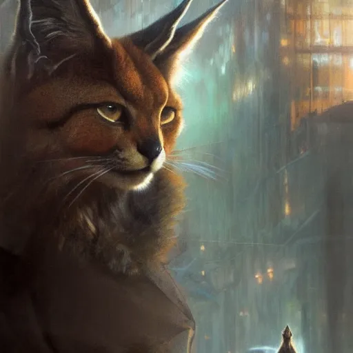 Image similar to cute fluffy caracal, hyperrealistic portrait, bladerunner street, art of elysium by jeremy mann and alphonse mucha, fantasy art, photo realistic, dynamic lighting, artstation, poster, volumetric lighting, very detailed face, 4 k, award winning