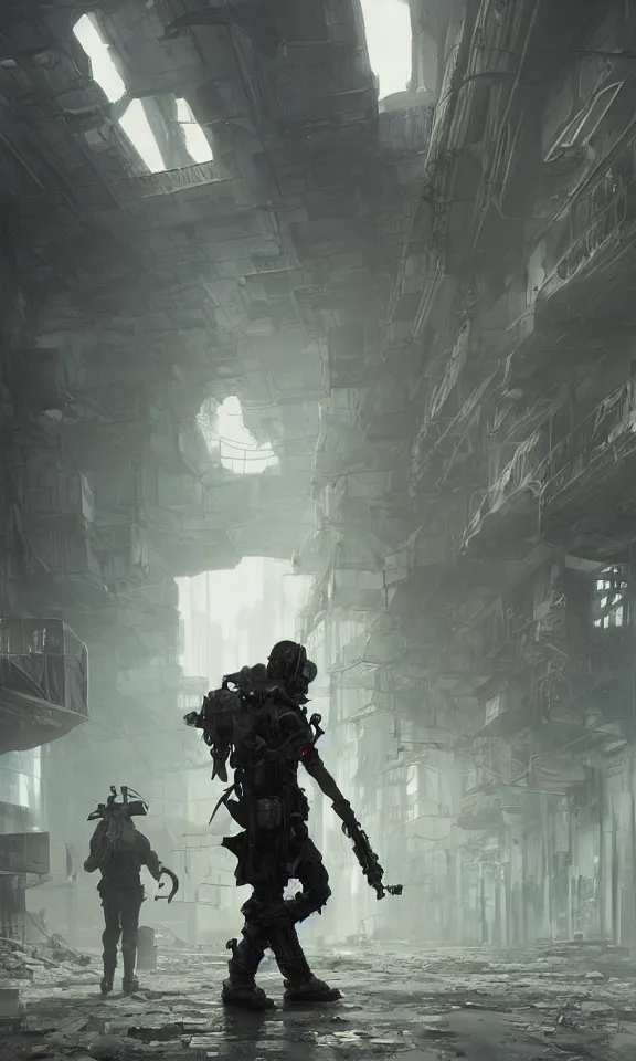 Prompt: Futuristic matte painting of a cyberpunk soldier walking through an abandoned foundry, volumetric light scattering, highly detailed, Andreas Rocha, Greg Rutkowski, Darek Zabrocki, ArtStation, CGSociety, Unreal Engine, 4K, 8K