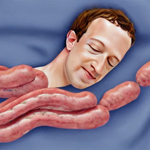 Prompt: mark zuckerberg sleeping in bed with sausages, digital art