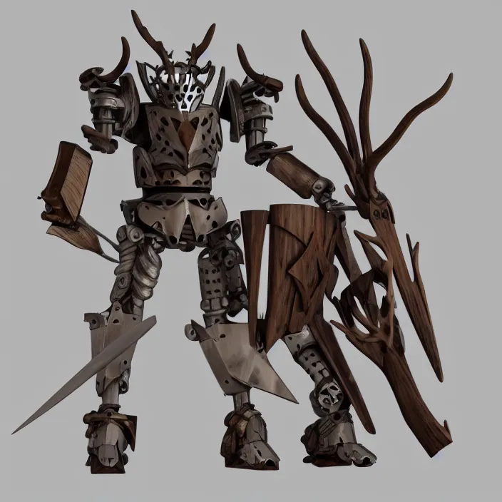 Image similar to warforged druid male anime character, wooden staff wizard, wolf armor, wolf pack, a pack of wolves, wooden antlers, made of wood, made of metal, large robot, knight, knight armor, large castle, medieval castle, wolf pack following, 3 d render beeple, realistic detailed octane render, pop up parade figure