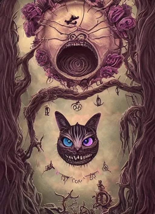 Prompt: cheshire cat death tarot card, highly detailed, half skull face, cinematic, 8 k, bymegan duncanson, benjamin lacombe, naoto hattori, adrian borda, giger, trending on deviantart, hyper detailed, horror, full of colour