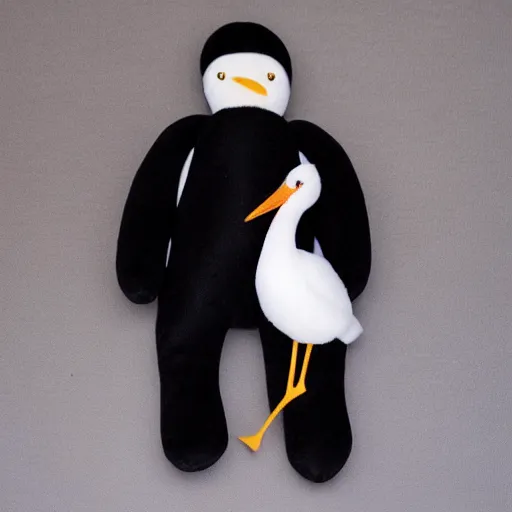 Image similar to plush of a stork wearing a black elegant suit