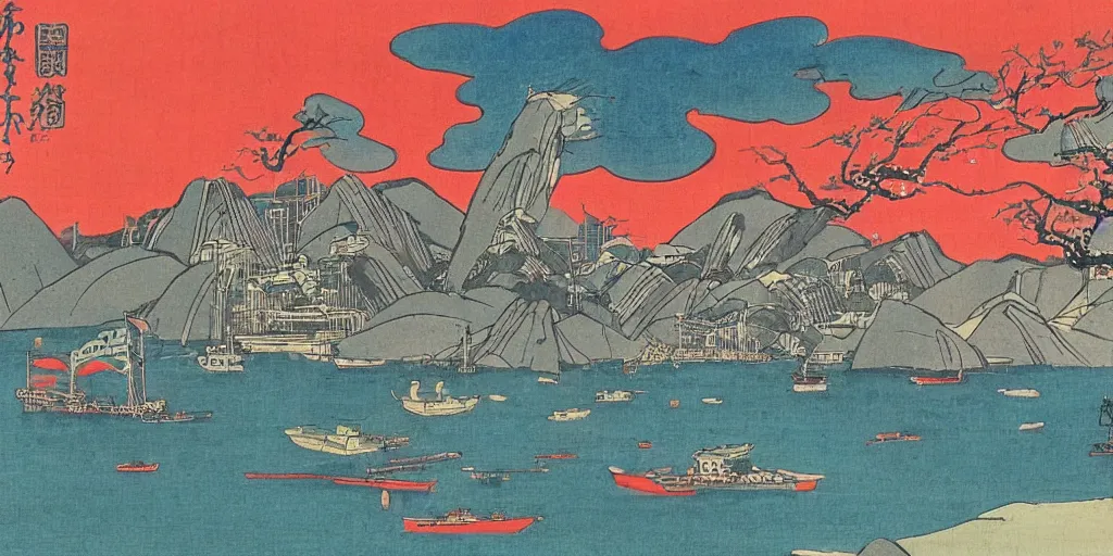Prompt: view from the bay towards hongkong anno 1 9 3 0 instyle of a japanese art ink painting, vibrant colors, global lightning, detailed, artstaion