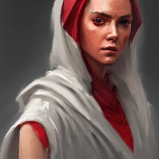 Image similar to portrait of a woman by greg rutkowski, jedi princess, straight black hair, jedi robes, star wars expanded universe, she is about 2 0 years old, elegant, graceful, wearing red jedi robes, highly detailed portrait, digital painting, artstation, concept art, smooth, sharp foccus ilustration, artstation hq