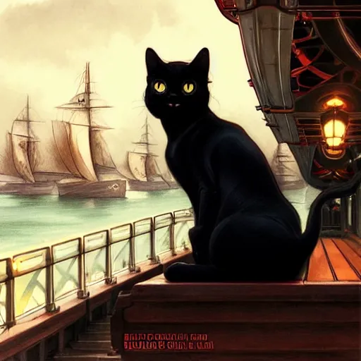 Image similar to beautiful black cat sitting on ship deck, naval background, fantasy, highly detailed, digital painting, artstation, concept art, smooth, sharp focus, illustration, art by artgerm and greg rutkowski and alphonse mucha