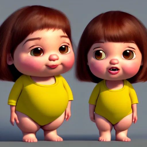 Image similar to A portrait of a chubby woman, a cute 3d cgi toon woman with brown hair in a Bob, brown eyes, olive skin, romanian heritage, medium shot, mid-shot, hyperdetailed, 8k, trending on artstation, as a Pixar character