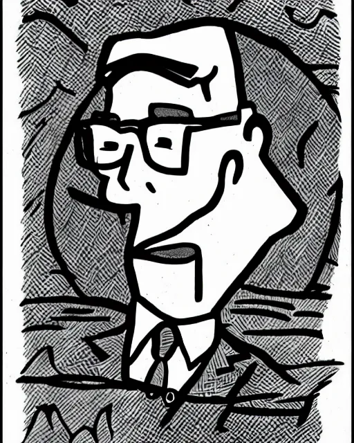 Prompt: Hank Hill drawn by in the style of Moomins by Tove Jansson, cross hatching, black and white, thin outlines