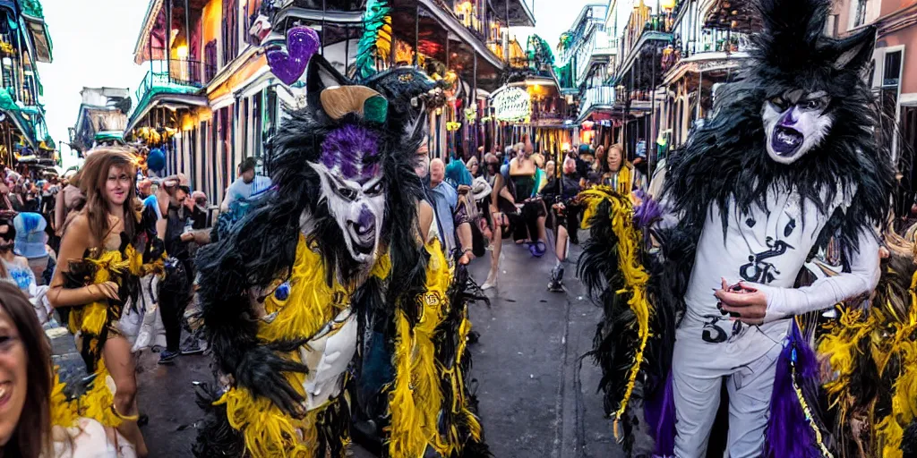 Image similar to a werewolf on Bourbon Street, New Orleans, Mardi Gras, real drunk