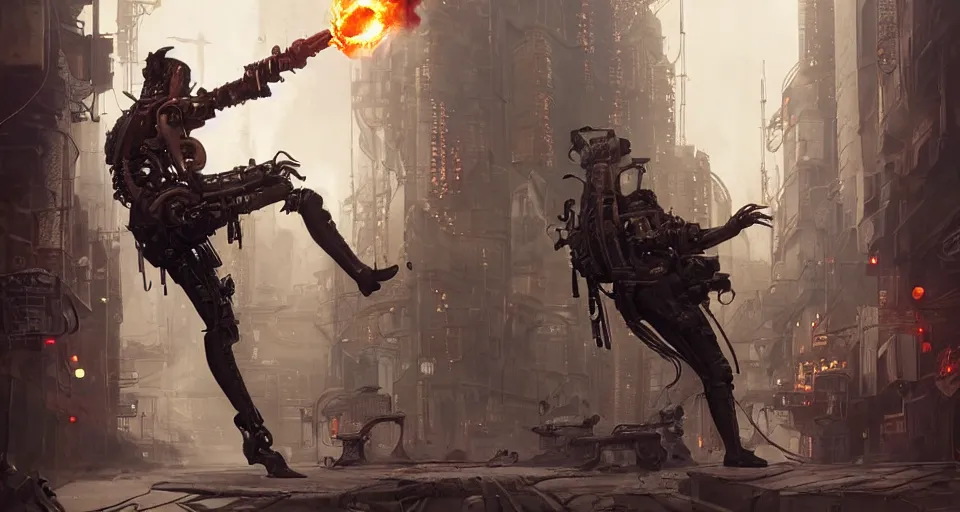 Image similar to a highly detailed epic cinematic concept art CG render digital painting artwork scene: retrofuturistic 1920s cyberpunk steampunk man brutally fused with a smoking combustion engine backpack. By Greg Rutkowski, Ilya Kuvshinov, WLOP, Stanley Artgerm Lau, Ruan Jia and Fenghua Zhong, trending on ArtStation, made in Maya, Blender and Photoshop, octane render, excellent composition, cinematic dystopian brutalist atmosphere, dynamic dramatic cinematic lighting, aesthetic, very inspirational, arthouse