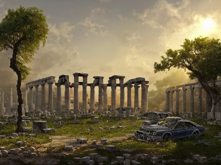 Image similar to tree growing in ancient greek ruins, gray wasteland, many scrap cars, plastic waste, rubble, pillars, flowers, vines, hyperrealistic, highly detailed, cinematic, single ray of golden sunlight, beautiful, cgssociety, artstation, 8 k, oil painting by greg rutkowski, by artgerm, by wlop