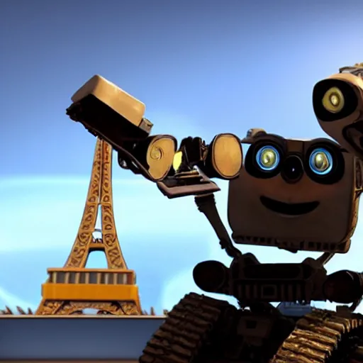 Image similar to wall - e visiting the eiffel tower, realism, 4 k, rim lighting,