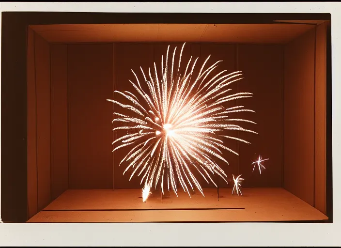 Prompt: realistic photo of a white fireworks, in a wooden box, front view, grain 1 9 9 0, life magazine reportage photo, metropolitan museum photo