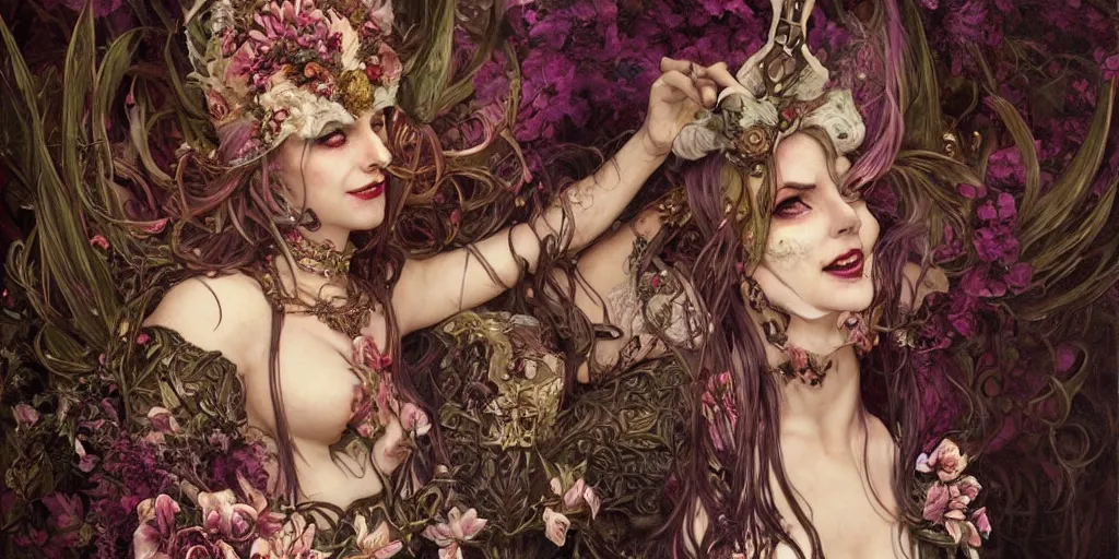 Prompt: flowerpunk necromancer lord with a mischievous smile, unreal, fantasy, intricate, elegant, dramatic, highly detailed, photorealistic, digital painting, painterly, artstation, concept art, smooth, sharp focus, art by john collier and krenz cushart and artem demura and alphonse mucha and albert aublet