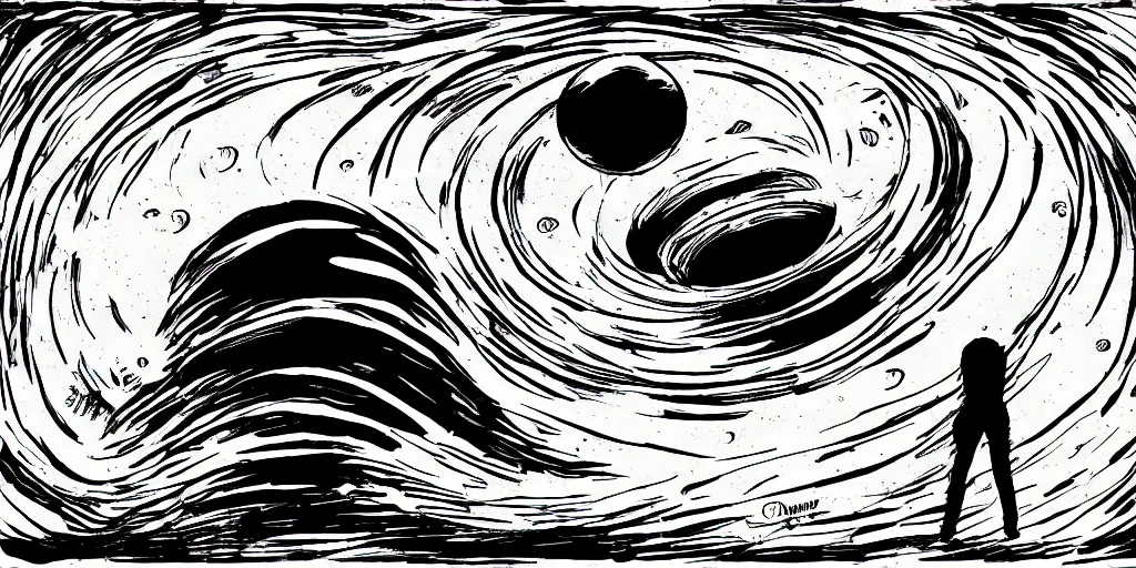 Image similar to ink lineart drawing of a planet, looming over an astronaut's shoulder, wide angle, space background, artstation, style of junji ito, chinese brush pen, illustration, high contrast, deep black tones contour