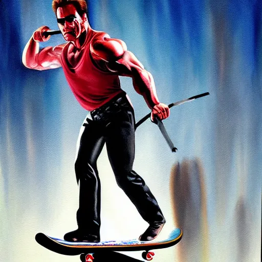 Image similar to A painting Arnold Schwarzenegger from terminator 1984 riding a skateboard smoking cigar, gloomy, action, ambient lighting,