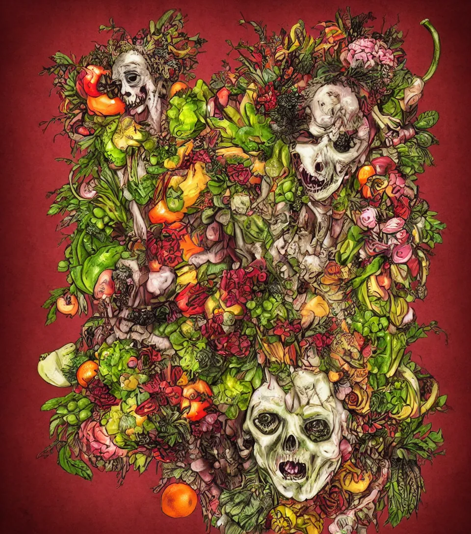 Prompt: Zombie punk dancer made out of fruits, vegetables and large flowers in the Baroque style of Arcimboldo, dancing alone on stage, neon lighting, large cartoonish details, elegant composition, dull red background