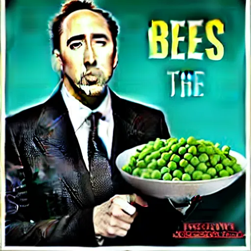 Image similar to not the bees with nicholas cage, but with peas