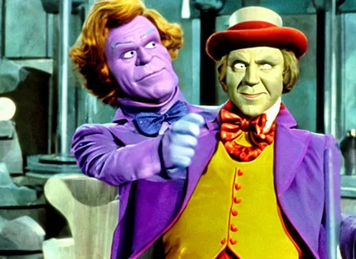 Image similar to film still of thanos as willy wonka in willy wonka and the chocolate factory 1 9 7 1