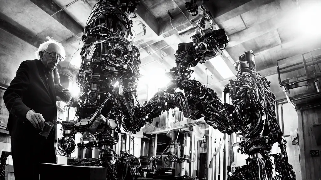 Prompt: bernie sanders putting the finishing touches on an intricate magical clockwork doomsday robot, black and white photo, cinematic moody lighting, sharp focus