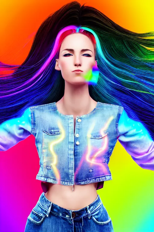 Prompt: a award winning half body portrait of a beautiful woman with stunning eyes in a croptop denim jacket and cargo pants with ombre rainbow hairstyle head in motion and hair flying while dancing by thomas danthony, surrounded by whirling illuminated lines, outrun, vaporware, shaded flat illustration, digital art, trending on artstation, highly detailed, fine detail, intricate