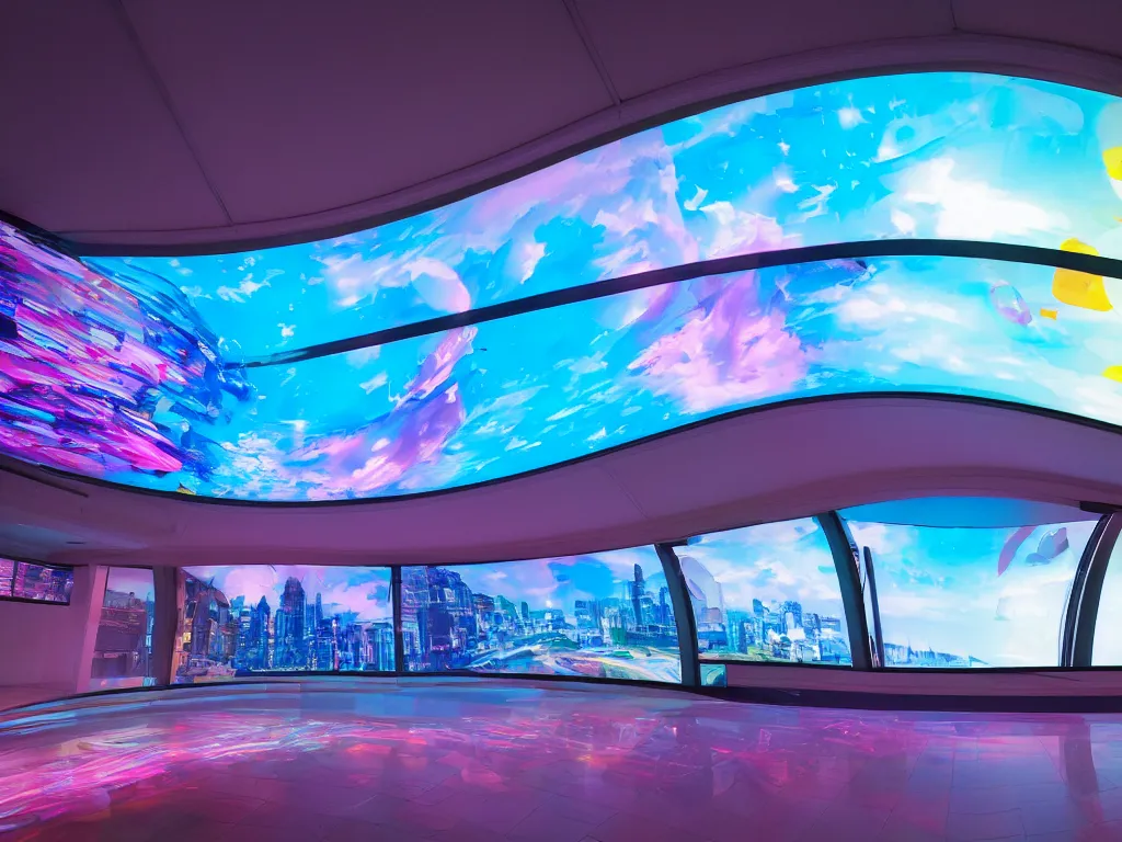 Image similar to visor with curved translucent screens projecting detailed art ( 2 0 4 2 ), large colorful images, pixel perfect photograph, high contrast, volumetric lighting, thin glowing lights, chair, users, pair of keys