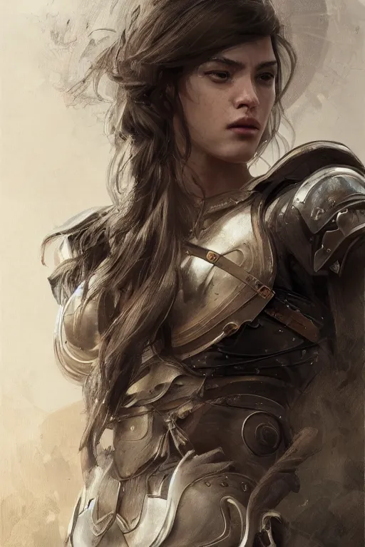 Image similar to a photorealistic painting of an attractive young girl, partially clothed in battle armor, olive skin, long dark hair, beautiful bone structure, symmetrical facial features, perfect eyes, intricate and elegant, digital painting, concept art, illustration, sharp focus, minimal artifacts, from Metal Gear, in the style of Ruan Jia and Mandy Jurgens, by Greg Rutkowski, trending on Artstation, award winning