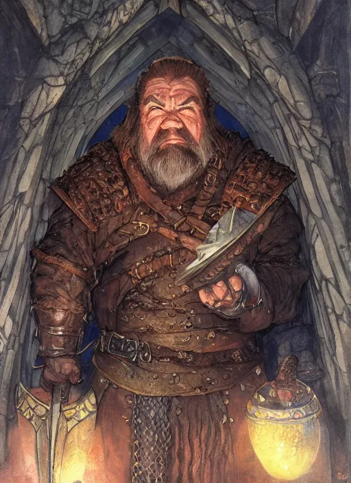 Prompt: Hulgen the dwarf. A humble dwarven stone mason completes the great gate of moria. Fantasy concept art. Moody Epic painting by James Gurney, and Alphonso Mucha. ArtstationHQ. painting with Vivid color. (Dragon age, witcher 3, lotr)
