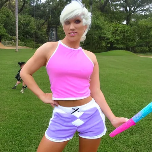 Prompt: archer with bleach blonde hair, wearing an extremely tight white crop top with pink hem, white booty shorts with pink hem, long white socks with pink stripes, white roller skates with pink wheels, while sucking on a lollipop