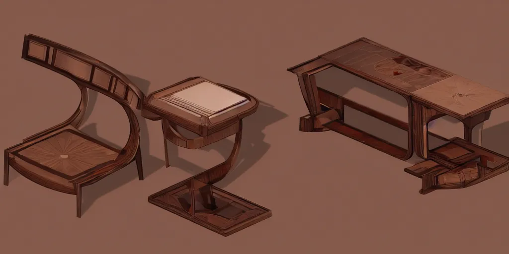 Prompt: furniture design art deco, 3d render, furniture design sheet, Moebius, Greg Rutkowski, Zabrocki, Karlkka, Jayison Devadas, Phuoc Quan, trending on Artstation, 8K, ultra wide angle, zenith view, pincushion lens effect