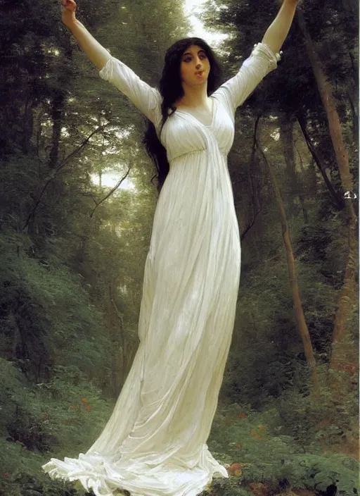 Image similar to a woman with long flowing hair and a flowing white dress in a forest by robert mccall, william - adolphe bouguereau