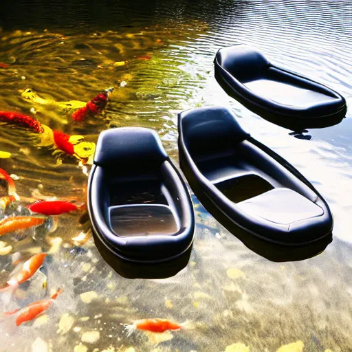 Image similar to car seats floating in a koi pond, 8 k