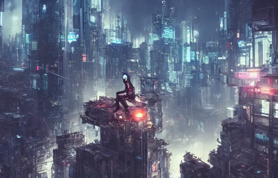 Prompt: ninja perched on top of building over looking detailed cyberpunk dystopian city at night, 4k ultra hd, trending on artstation