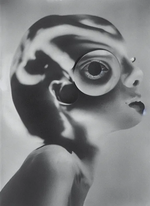 Image similar to female head in a aquarium, lights caustic, tropical fish, surreal photography by Man Ray and Salavdor Dalì