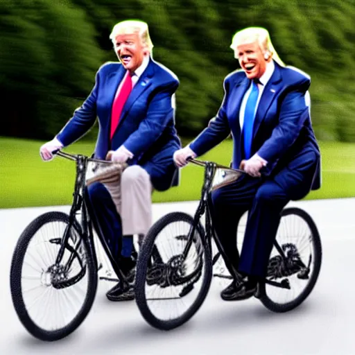 Prompt: joe biden and donald trump drunkenly riding a tandem bike together, laughing and joking, photorealistic, detailed